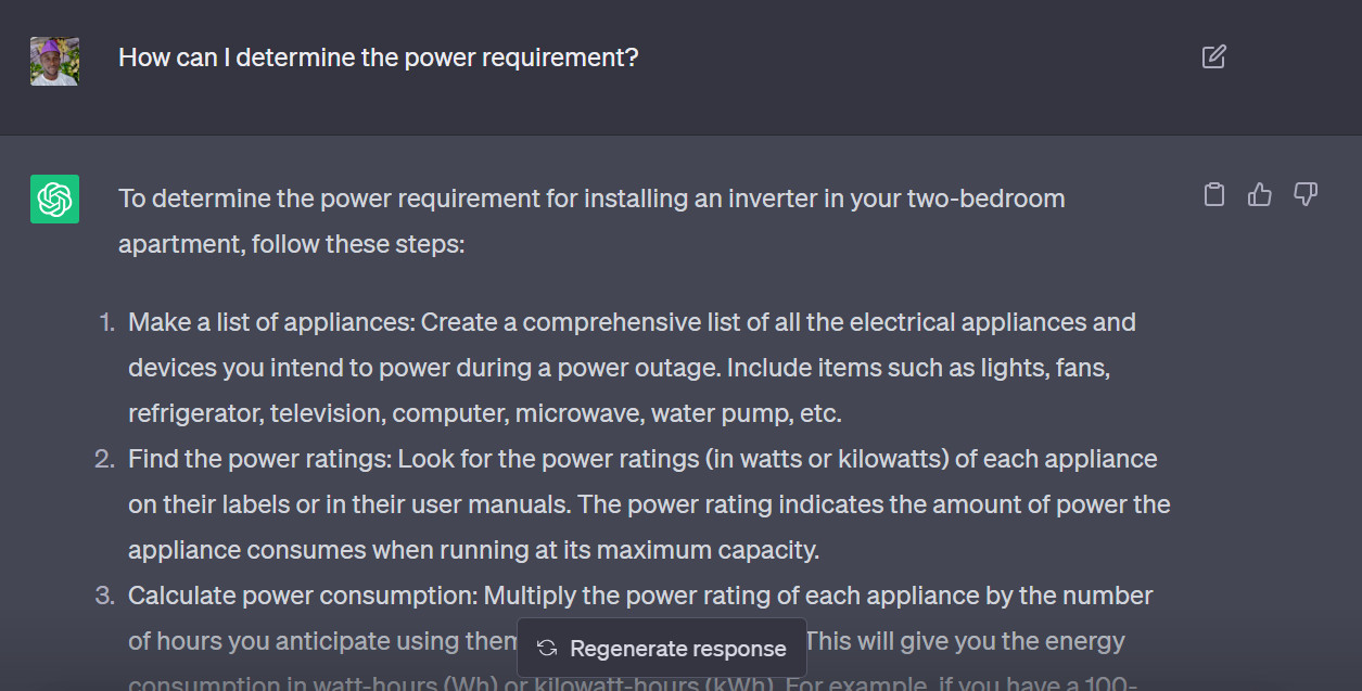 ChatGPT power requirement